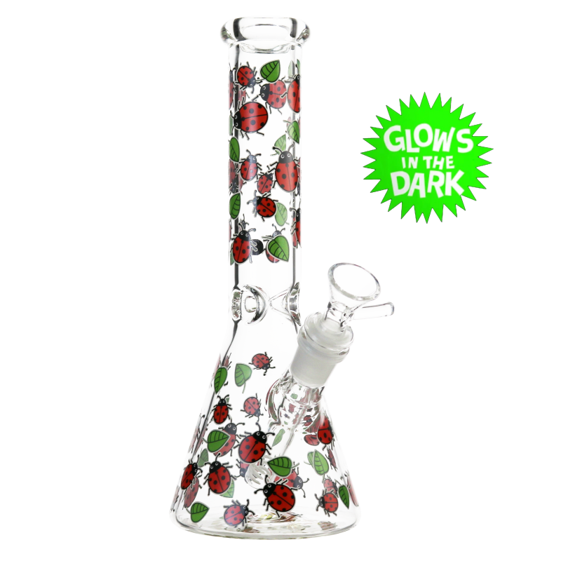 Premium Glow in the Dark Lady Bug Beaker Bong – 25cm Glass Waterpipe with Ice Catcher