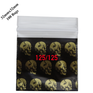 Premium Wholesale Golden Skull Print Apple Zip Lock Plastic Bags 125/125 Resealable – 32mm x 32mm Stash Bags – Bulk Buy
