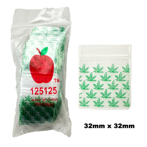 Premium Wholesale Marijuana Leaf Print Apple Zip Lock Plastic Bags 125/125 Resealable – 32mm x 32mm Stash Bags – Bulk Buy at Down Under Wholesalers