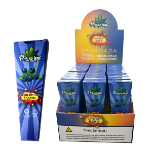 Exclusive Wholesale Blueberry Flavoured King Size Pre Rolled Cones with Bursting Beads – 3 cones per pack, blueberry flavour, available at Down Under Wholesalers.
