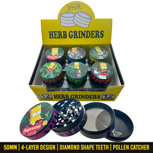 Wholesale 50mm Bart Simpson Collection Metal Weed and Herb Grinder with Diamond Shape Teeth | Down Under Wholesalers - Ultimate Supplier for Smoke Accessories