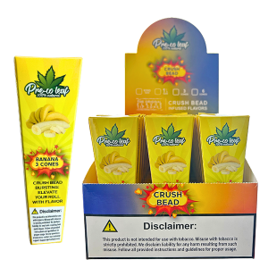 Wholesale Banana Flavoured King Size Pre Rolled Cones with Bursting Beads – 3 cones per pack, banana flavour, available at Down Under Wholesalers.