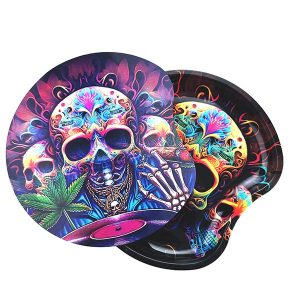 Psychedelic Skull Metal Rolling Tray with Magnetic Lid – 18x17cm | 3D Lenticular Cover