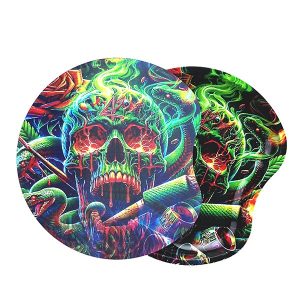 Green Inferno Skull Metal Rolling Tray with Magnetic Lid – 18x17cm | 3D Lenticular Cover