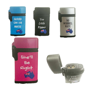 Aussie Lighter Wholesale – Double jet flame refillable lighter with Australian slang designs