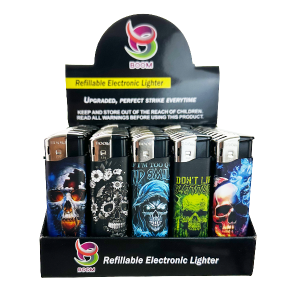 Dark Skull Lighter Wholesale – 50-pack refillable lighters with skull and flame designs