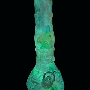 Glow In The Dark Psychedelic Swirl Silicone Beaker Bong standing upright with vibrant colour pattern