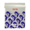 Clear resealable plastic zip lock bag featuring a blue dolphin print and red 15/15 label. Size: 38mm x 38mm. Supplied in packs of 100. Ideal for herbs, samples, and novelty items. – 38mm x 38mm (100 Bags)
