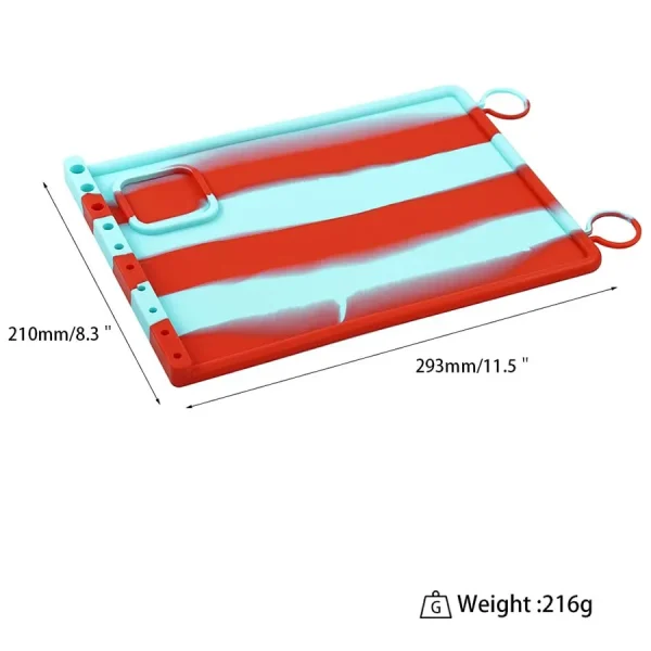 Detailed view of silicone mat with tool slot and hook rings