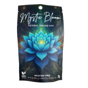 Mystic Bloom Lotus Blend 20g by Billy Mate herbal smoke mix packaging with a vibrant Blue Lotus flower design